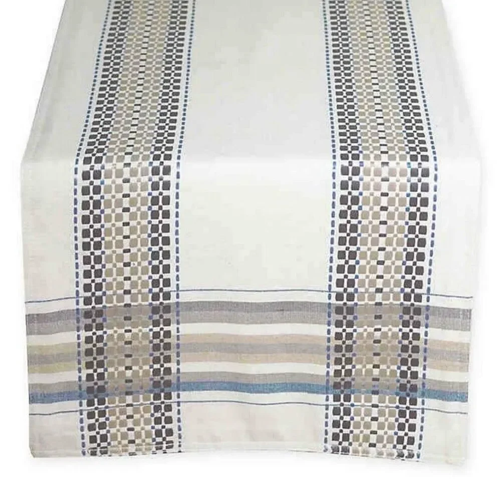 Terra Woven French Country Table Runner 14x90 Beige Blue Farm Rustic